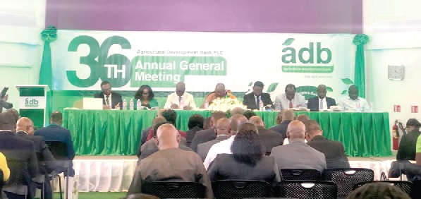• Alhassan Yakubu-Tali (3rd left), MD, ADB; Daasebre Akuamoah Agyapong II (4th left), Board Chairman, ADB; and some directors of the board at the 36th annual general meeting ADB posts significant loss in 2022 — DDEP, loans to blame