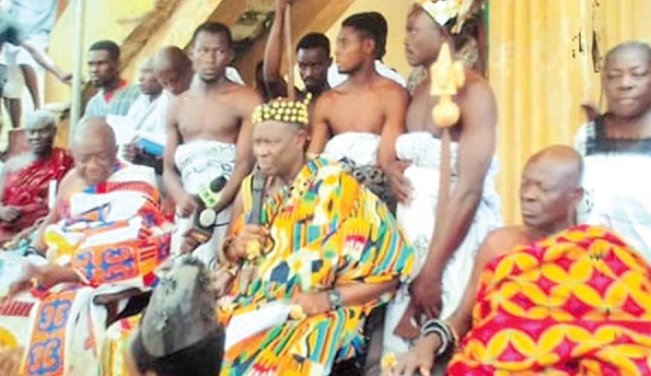 Oseadeeyo Dr Frimpong Manso IV (seated middle) addressing the chiefs at the historic traditional council meeting at Akyem Oda. With him are Obrempong Gyamfi Saforo Kyereh (right), the Kotoku Krontihene, and Obrempong Amo Kyeretwie (left), the new Kotoku Gyaasehene Oseadeeyo Dr Frimpong Manso IV (seated middle) addressing the chiefs at the historic traditional council meeting at Akyem Oda. With him are Obrempong Gyamfi Saforo Kyereh (right), the Kotoku Krontihene, and Obrempong Amo Kyeretwie (left), the new Kotoku Gyaasehene