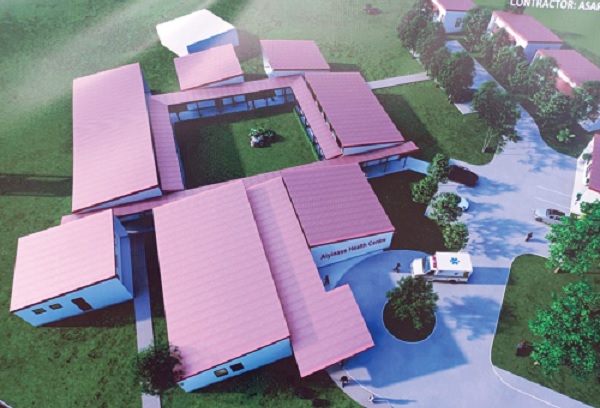 An artist’s impression of the $2.1million mini Aiyinase Hospital. INSET: The dilapidated facility that serves as a health centre currently An artist’s impression of the $2.1million mini Aiyinase Hospital. INSET: The dilapidated facility that serves as a health centre currently
