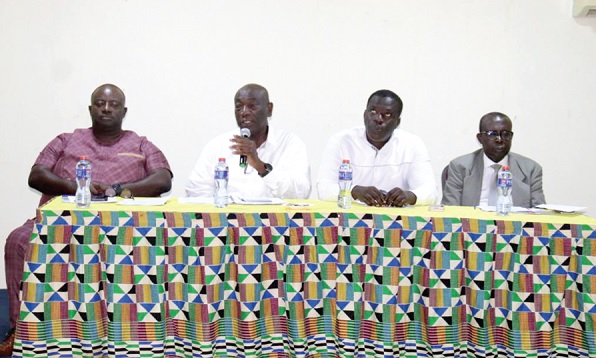 Joshua Ansah, acting Deputy Secretary-General of TUC, speaking at the event. With him are Ofosu Asamoah (left), Executive Secretary of the NLC, Ignatius Baffour Awuah (2nd from right), Minister of Employment and Labour Relations, and Justice Kwabena Asuman-Adu, Chairman of NIC Joshua Ansah, acting Deputy Secretary-General of TUC, speaking at the event. With him are Ofosu Asamoah (left), Executive Secretary of the NLC, Ignatius Baffour Awuah (2nd from right), Minister of Employment and Labour Relations, and Justice Kwabena Asuman-Adu, Chairman of NIC