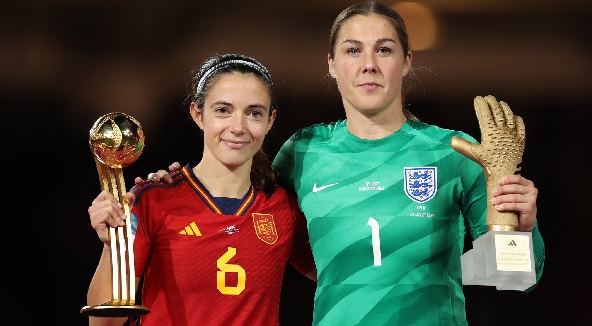 Golden Ball award winner Aitana Bonmati (left) and England's Mary Earps Golden Ball award winner Aitana Bonmati (left) and England's Mary Earps