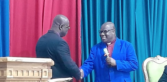 Rt Rev. Professor Joseph Obiri Yeboah Mante (right), Outgoing Moderator of the General Assembly of the Presbyterian Church of Ghana, congratulating the newly elected Moderator, Rev. Dr Abraham Nana Kwakye. Rt Rev. Professor Joseph Obiri Yeboah Mante (right), Outgoing Moderator of the General Assembly of the Presbyterian Church of Ghana, congratulating the newly elected Moderator, Rev. Dr Abraham Nana Kwakye.