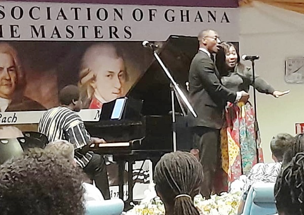 Kelvin Yeboah Acheampong and Alberta Opata in a joint performance, with Kwaku Boakye-Frimpong, pianist at the post-COVID performance Kelvin Yeboah Acheampong and Alberta Opata in a joint performance, with Kwaku Boakye-Frimpong, pianist at the post-COVID performance