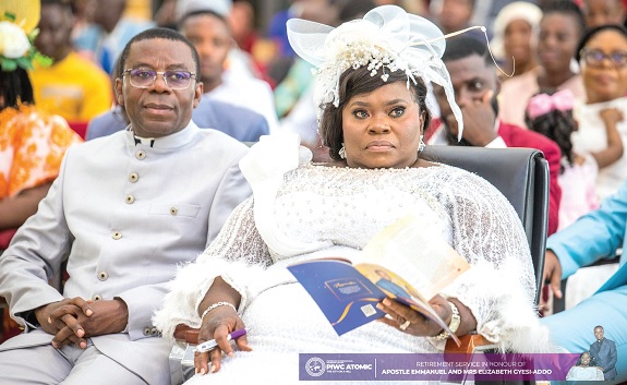 Apostle Emmanuel Gyesi-Addo and Elizabeth Gyesi-Addo, his wife, during their retirement service Apostle Emmanuel Gyesi-Addo and Elizabeth Gyesi-Addo, his wife, during their retirement service