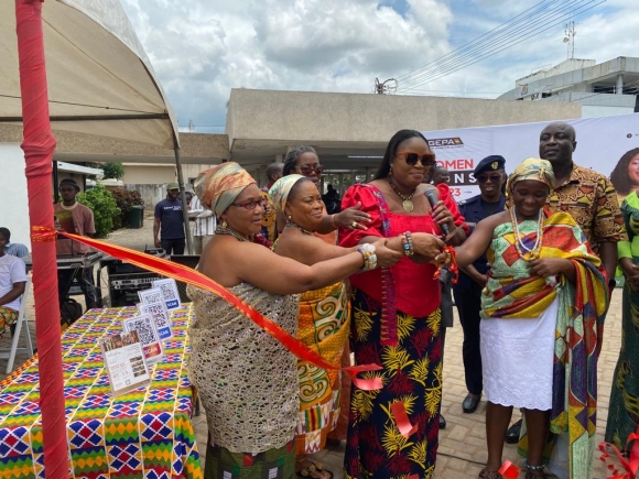 Mrs Gifty Kafui Kamassah, Woman icon for Volta Region and some queen mothers in the region cutting the tape to open the three-day exhibition of made in Ghana goods produced by Ghanaian business owners. Gifty Kafui Kamassah crowned woman icon of Volta Region