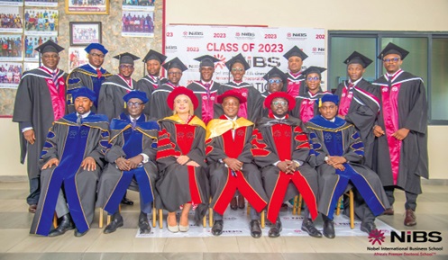 Prof. Kwaku Atuahene-Gima (seated 3rd from right), the Executive Dean, NiBS, and Simon Giger (seated 3rd from left), Swiss Ambassador to Ghana, with other dignitaries and some of the graduands Prof. Kwaku Atuahene-Gima (seated 3rd from right), the Executive Dean, NiBS, and Simon Giger (seated 3rd from left), Swiss Ambassador to Ghana, with other dignitaries and some of the graduands