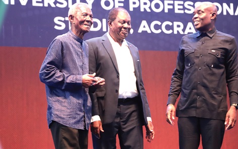 Prof. Abednego Okoe Amartey (right), Vice-Chancellor of the University of Professional Studies, Accra (UPSA) in a discussion with Dr Kofi Ohene Konadu (2nd from left), Chairman, UPSA Governing Council, and Kwame Pianim (left), a renowed economist, after the lecture. Picture: EDNA SALVO-KOTEY Prof. Abednego Okoe Amartey (right), Vice-Chancellor of the University of Professional Studies, Accra (UPSA) in a discussion with Dr Kofi Ohene Konadu (2nd from left), Chairman, UPSA Governing Council, and Kwame Pianim (left), a renowed economist, after the lecture. Picture: EDNA SALVO-KOTEY