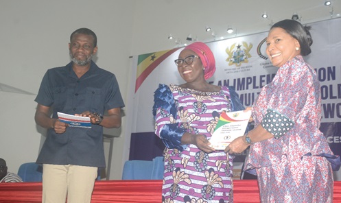 Dzifa Gomashie (middle), a former Deputy Minister of Tourism, presenting a copy of the plan to a representative from the Ministry of Tourism, Arts and Culture. Looking on is Mark Okraku Mantey (left), the Deputy Tourism Minister. Picture: ALBERTA MORTTY Dzifa Gomashie (middle), a former Deputy Minister of Tourism, presenting a copy of the plan to a representative from the Ministry of Tourism, Arts and Culture. Looking on is Mark Okraku Mantey (left), the Deputy Tourism Minister. Picture: ALBERTA MORTTY