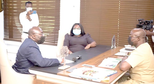 Flash back: Dr Mahamudu Bawumia (left), Vice-President, being briefed by Osei Assibey Antwi (right), Executive Director, NSS, about the digitalisation agenda of the secretariat when Dr Bawumia visited his office Flash back: Dr Mahamudu Bawumia (left), Vice-President, being briefed by Osei Assibey Antwi (right), Executive Director, NSS, about the digitalisation agenda of the secretariat when Dr Bawumia visited his office