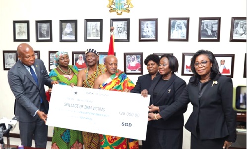 Gertrude Sackey Torkonoo (2nd from right), the Chief Justice, presenting the cheque to Togbega Patamia Dzekley VII (middle), Paramount Chief of Battor Traditional Area, and Samuel Okudzeto Ablakwa (left), MP North Tongu Gertrude Sackey Torkonoo (2nd from right), the Chief Justice, presenting the cheque to Togbega Patamia Dzekley VII (middle), Paramount Chief of Battor Traditional Area, and Samuel Okudzeto Ablakwa (left), MP North Tongu