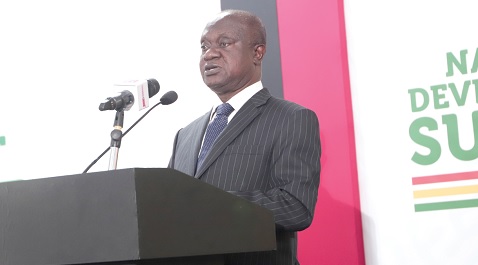 Prof. George Gyan-Baffour (inset), Chairman of the National Development Planning Commission, addressing participants in the summit. Picture: EDNA SALVO-KOTEY