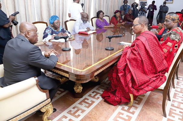 President Akufo-Addo (left) hosting the delegation of the Ga State which briefed him about the death of the Queen Mother Queen Mother Naa Dedei Omaedru III is dead - President commiserates with family, Ga State
