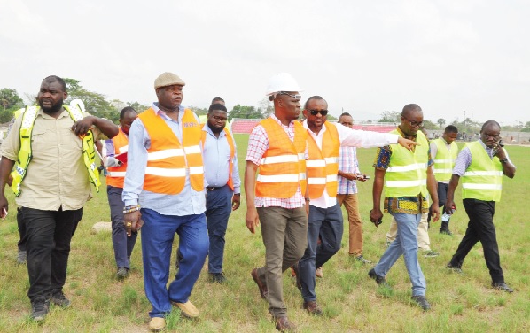 • Mustapha Yusif (arrowed), Minister of Youth and Sports, and Pius Enam Hadzide (hand stretched), Chief Executive of the National Youth Authority, inspecting the facilities at the centre Ho ready to host 66th Independence Day celebration