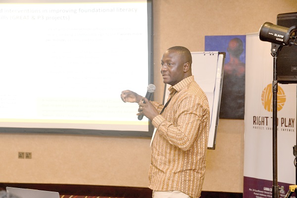 Eric Opoku (right), Senior Global Manager, Monitoring, Evaluation and Learning of Right to Play, addressing participants in the three-day bilateral learning exchange programme Play-based learning produces positive outcomes — Right to Play Ghana