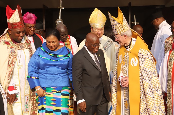 The Most Revd and Rt Hon. Justin Welby (right), Archbishop of Canterbury, interacting with President Akufo-Addo at the 18th Anglican Consultative Council Meeting at the University of Ghana, Legon in Accra. With them is Rebecca Akufo-Addo (2nd from left), the First Lady. Picture: SAMUEL TEI ADANO We'll overcome challenges soon - Akufo-Addo