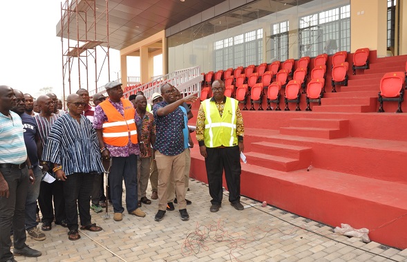 Thiophilus Mensah (hand raised), Director of Administration of the National Youth Command, explaining a point to Togbe Howusu (in smock and spectacles), while Torgbi Agbeworza (in cap) and some members of the delegation look on Asogli chiefs assure safety, hospitality at Independence parade