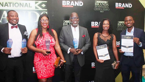 The team from Innovare Ghana Limited posing with the awards received at the Ghana-West Africa Business Excellence Awards