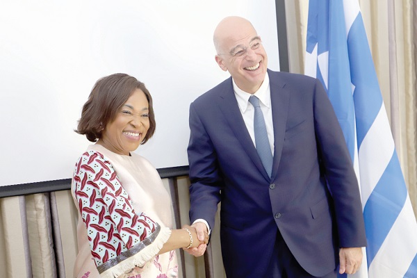 Shirley Ayorkor Botchwey (left), Minister of Foreign Affairs and Regional Integration, in a handshake with Nikos Dendias, Greece Foreign Affairs Minister, after a meeting at the ministry in Accra. Picture: SAMUEL TEI ADANO Shirley Ayorkor Botchwey (left), Minister of Foreign Affairs and Regional Integration, in a handshake with Nikos Dendias, Greece Foreign Affairs Minister, after a meeting at the ministry in Accra. Picture: SAMUEL TEI ADANO