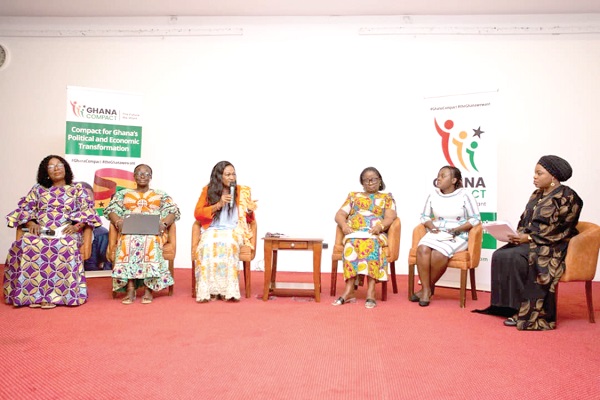 Panellists at the meeting. From left, Magdalene Kannae, Development Practitioner; Gertrude Oforiwa Fefoame, Gender and Disability Advocate; Otiko Afisah Djaba, Executive Director, Henry Djaba Memorial Foundation; Rose Mensah-Kutin, Director, ABANTU for Africa; and Fati Abigail Abdulai, Executive Director, The Widows and Orphans Movement Expedite action on gender equality Panellists urge govt