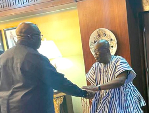 President Akufo-Addo (right) exchanging pleasantries with Joe Ghartey, an NPP Presidential hopeful, after the courtesy call President Akufo-Addo wishes Joe Ghartey well in NPP presidential primaries