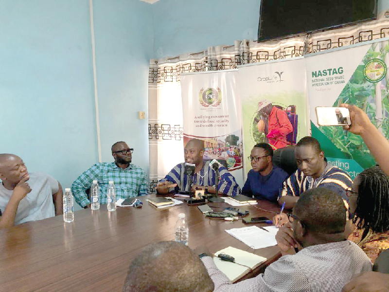 Anthony Morrison (3rd from left), the Executive Director of the Chamber of Agribusiness Ghana addressing the media. With him are Dr Charles Nyaaba (2nd from right), the Executive Director of the PFAG and some stakeholders in the agric sector Delay in granting tax exemptions on agric products risk to agribusiness activities