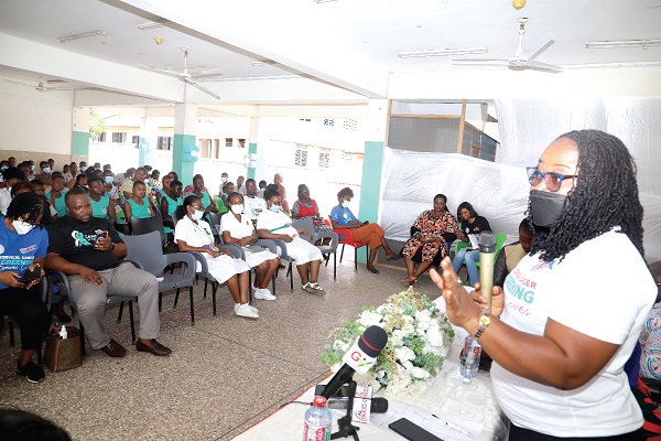 Dr Mary Amoakoh-Coleman (right) educating some health practitioners and students on cervical cancer in Accra. Picture: Gabriel Ahiabor 2023 Cervical Cancer awareness campaign launched