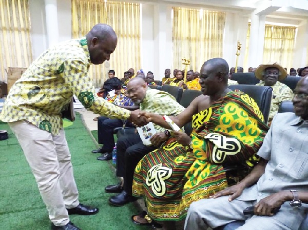 Osagyefo Oseadeeyo Agyemang Badu II (right), President of the Bono Regional House of Chiefs, exchanging pleasantries with Prof. Dominic Otoo, Dean of students at the University of Energy and Natural Resources Osagyefo Oseadeeyo Agyemang Badu II (right), President of the Bono Regional House of Chiefs, exchanging pleasantries with Prof. Dominic Otoo, Dean of students at the University of Energy and Natural Resources