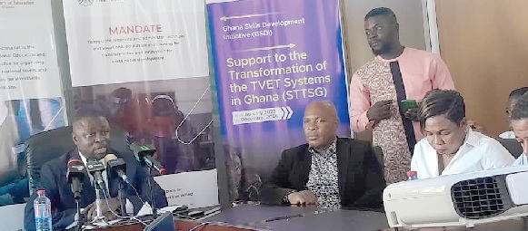 Fred Kyei Asamoah (left), Director-General of CTVET, speaking at the press conference