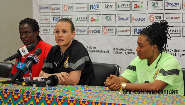 Linda Eshun (right), Coach Nora Hauptle (middle) and goalkeeper Cynthia Findiib at the press conference Linda Eshun (right), Coach Nora Hauptle (middle) and goalkeeper Cynthia Findiib at the press conference