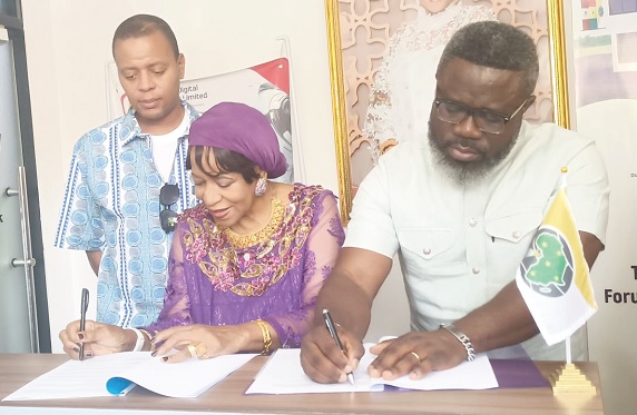 Kwadwo Baah Agyemang, CEO of GDCL, and Dr Erieka Bennett, Head of Mission, DAF, signing the MOU. Looking on is Mahar Cooke, Deputy Director of DAF Kwadwo Baah Agyemang, CEO of GDCL, and Dr Erieka Bennett, Head of Mission, DAF, signing the MOU. Looking on is Mahar Cooke, Deputy Director of DAF