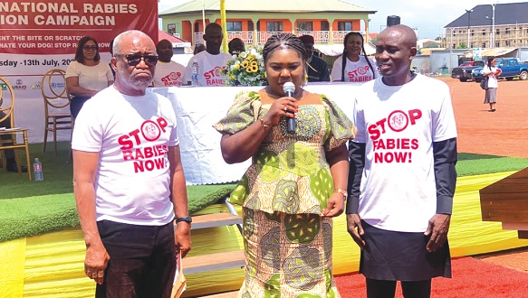 Dr Kingsley Mickey Aryee(left), Registrar of Veterinary Council of Ghana, Mrs Jennifer Dede Adjabeng (middle), MCE of La Nkwantanang Madina Municipal Assembly, and Dr Franklin Asiedu- Bekoe (right), launching the campaign Dr Kingsley Mickey Aryee(left), Registrar of Veterinary Council of Ghana, Mrs Jennifer Dede Adjabeng (middle), MCE of La Nkwantanang Madina Municipal Assembly, and Dr Franklin Asiedu- Bekoe (right), launching the campaign