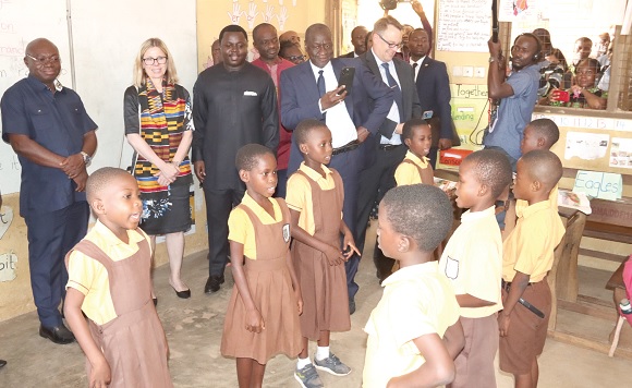 Anna Bjerde (2nd from left), Managing Director of Operations, World Bank, and Rev. John Ntim Fordjour (3rd from left), Deputy Minister of Education, looking on as Class 2 pupils of New Gbawe Municipal Assembly Basic School dialogue during the working visit. Picture: ELVIS NII NOI DOWUONA Anna Bjerde (2nd from left), Managing Director of Operations, World Bank, and Rev. John Ntim Fordjour (3rd from left), Deputy Minister of Education, looking on as Class 2 pupils of New Gbawe Municipal Assembly Basic School dialogue during the working visit. Picture: ELVIS NII NOI DOWUONA