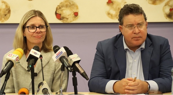 Anna Bjerde, Managing Director of Operations, World Bank, with Pierre Frank Laporte, Country Director, World Bank in Ghana, addressing the press conference in Accra. Picture: ELVIS NII NOI DOWUONA 