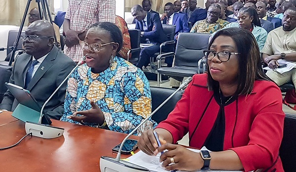 Prof. Nana Aba Appiah Amfo (middle), Vice-Chancellor, University of Ghana, answering questions at the Public Accounts Committee sitting in Accra. With her are Prof. Felix Ankomah Asante (left), Pro-Vice-Chancellor in charge of Research Innovation and Development, UG, and Bernice B. Agudu (right), Director of Finance, UG. Pictures: ERNEST KODZI Prof. Nana Aba Appiah Amfo (middle), Vice-Chancellor, University of Ghana, answering questions at the Public Accounts Committee sitting in Accra. With her are Prof. Felix Ankomah Asante (left), Pro-Vice-Chancellor in charge of Research Innovation and Development, UG, and Bernice B. Agudu (right), Director of Finance, UG. Pictures: ERNEST KODZI