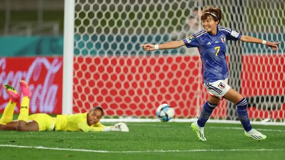 Hinata Miyazawa celebrates after beating Catherine Musonda in the Zambia goal. Photograph: Katelyn Mulcahy/Fifa/Getty Images Hinata Miyazawa celebrates after beating Catherine Musonda in the Zambia goal. Photograph: Katelyn Mulcahy/Fifa/Getty Images