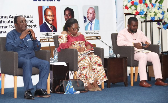 Dr Owusu Afriyie Akoto, NPP Presidential aspirant, at the panel discussion. With him are Prof. Irene Egyir (middle), Dean, School of Agriculture, University of Ghana, Legon, and Dr Andrew Agyei-Holmes (right), Lecturer, Institute of Statistical, Social and Economic Research. Picture: ELVIS NII NOI DOWUONA
