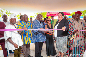 Dr Mahamudu Bawumia (2nd from left), Vice-President, being assisted by Virginia E. Palmer, (2nd from right) the US Ambassador to Ghana, and other dignitaries to inaugurate the office building Dr Mahamudu Bawumia (2nd from left), Vice-President, being assisted by Virginia E. Palmer, (2nd from right) the US Ambassador to Ghana, and other dignitaries to inaugurate the office building