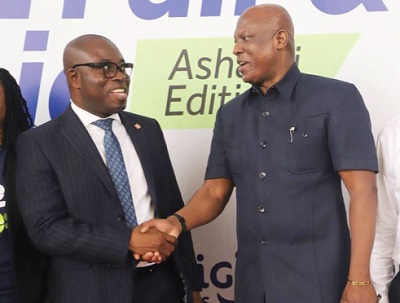 Ato Afful (right), MD, Graphic Communications Group Ltd, exchanging pleasantries with Kafui Bimpe (left), Group Head, Business Banking, Access Bank Ghana Plc, after the Access Bank-Graphic Business SME Fair & Clinic in Kumasi. Picture: EMMANUEL BAAH Ato Afful (right), MD, Graphic Communications Group Ltd, exchanging pleasantries with Kafui Bimpe (left), Group Head, Business Banking, Access Bank Ghana Plc, after the Access Bank-Graphic Business SME Fair & Clinic in Kumasi. Picture: EMMANUEL BAAH