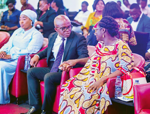 Dr Stephen Amoah (middle), Deputy Minister of Trade and Industry, in a conversation with Kosi Yankey-Ayeh (right), CEO, GEA, at the event launch. With them is Lariba Zuweira Abudu (left), Minister for Gender, Children and Social Protection