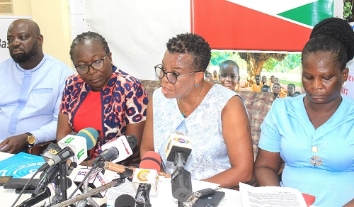 Joyce Larnyoh (2nd from right), Country Director, International Child Development Programme and Lead Convenor for SDG 4 in Education, addressing journalists in Accra. With her are Andrew Ofosu Dankyi (left), Technical Programmes Manager, Education, World Vision Ghana, Dr Ernestina Tetteh (2nd from left), Project Manager, Star Ghana Foundation, and Bernice Mpere Gyekye (right), Executive Director, GNECC. Picture: ERNEST KODZI Joyce Larnyoh (2nd from right), Country Director, International Child Development Programme and Lead Convenor for SDG 4 in Education, addressing journalists in Accra. With her are Andrew Ofosu Dankyi (left), Technical Programmes Manager, Education, World Vision Ghana, Dr Ernestina Tetteh (2nd from left), Project Manager, Star Ghana Foundation, and Bernice Mpere Gyekye (right), Executive Director, GNECC. Picture: ERNEST KODZI
