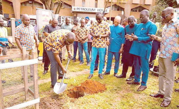 Opoku-Ahweneeh Danquah, CEO of GNPC, planting the tree while some officials of the corporation look on Opoku-Ahweneeh Danquah, CEO of GNPC, planting the tree while some officials of the corporation look on