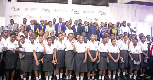 Dr Yaw Osei Adutwum (red arrow), Education Minister, Kojo Oppong Nkrumah (black arrow), Information Minister, and other officials after the maiden STEM Roadshow Dr Yaw Osei Adutwum (red arrow), Education Minister, Kojo Oppong Nkrumah (black arrow), Information Minister, and other officials after the maiden STEM Roadshow