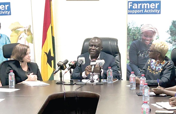 Yaw Frimpong Addo (middle), the Deputy Minister of Food and Agriculture, speaking during the launch. With him are Kimberly Rosen (left), Mission Director, USAID Ghana, Barbara Clemens (right), Representative and Country Director, WFP Ghana Yaw Frimpong Addo (middle), the Deputy Minister of Food and Agriculture, speaking during the launch. With him are Kimberly Rosen (left), Mission Director, USAID Ghana, Barbara Clemens (right), Representative and Country Director, WFP Ghana