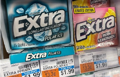 Packs of Wrigley's Extra gum are seen on display at a store in New York City, U.S., June 28, 2023. REUTERS/Shannon Stapleton Aspartame sweetener in 'chewing gum' a possible carcinogen - sources have told Reuters