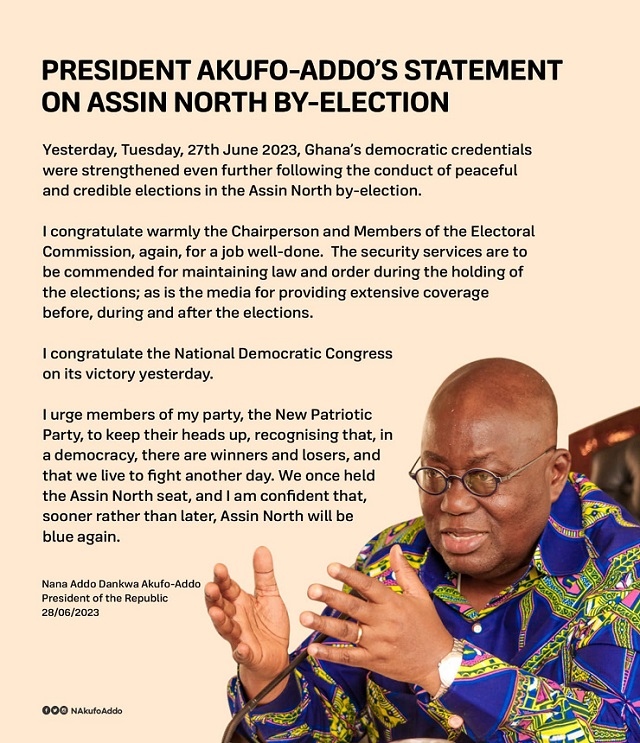 President Akufo-Addo congratulates NDC for winning Assin North by-election
