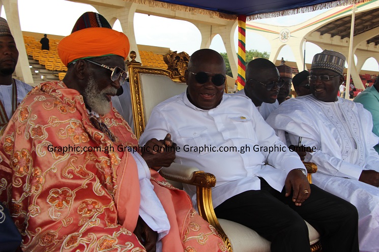 • President Akufo-Addo in a handshake with Sheikh Nuhu Sharubutu (left), National Chief Imam, at the 2023 Eid-ul-Adha celebration in Accra. With them is Vice-President Dr Mahamudu Bawumia (right). Picture: SAMUJEL TEI ADANO Things will get better - President Akufo-Addo