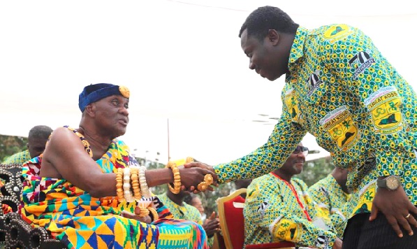 • Rev. John Ntim Fordjour (right), a Deputy Education Minister, exchanging pleasantries with Nana Otuo Siriboe II, the Juabenhene, at the 70th anniversary of the school. Pictures: EMMANUEL BAAH • Rev. John Ntim Fordjour (right), a Deputy Education Minister, exchanging pleasantries with Nana Otuo Siriboe II, the Juabenhene, at the 70th anniversary of the school. Pictures: EMMANUEL BAAH