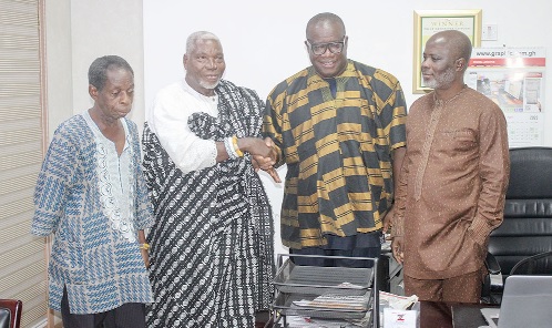 • Togbui Gobah Tengey (2nd from left), President, Ewe Ashanti Union and International Peace Ambassador, exchanging pleasantaries with Theophilus Yartey (2nd from right), Editor, Graphic. With them are Timothy Gobah (right), Sub-Editor, Daily Graphic and Godwin Banini (left), former broadcast journalist, GTV. Picture: ERNEST KODZI • Togbui Gobah Tengey (2nd from left), President, Ewe Ashanti Union and International Peace Ambassador, exchanging pleasantaries with Theophilus Yartey (2nd from right), Editor, Graphic. With them are Timothy Gobah (right), Sub-Editor, Daily Graphic and Godwin Banini (left), former broadcast journalist, GTV. Picture: ERNEST KODZI