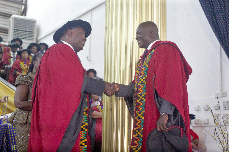Prof. Robert Darko Osei (left), Dean, School of Graduate Studies, University of Ghana, congratulating Dr Bryan Acheampong, former Minister of State for National Security and Agric Minister designate, during the graduation ceremony. Picture: Maxwell Ocloo Prof. Robert Darko Osei (left), Dean, School of Graduate Studies, University of Ghana, congratulating Dr Bryan Acheampong, former Minister of State for National Security and Agric Minister designate, during the graduation ceremony. Picture: Maxwell Ocloo