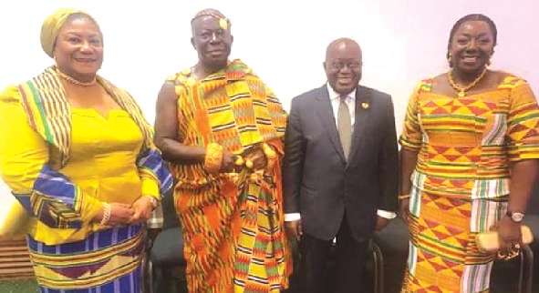 • President Akufo-Addo (2nd from right) with Asantehene, Otumfuo Osei Tutu II (2nd from left), Rebecca Akufo-Addo, First Lady, and Lady Julia Osei Tutu (right), wife of Asantehene, before the coronation of King Charles III